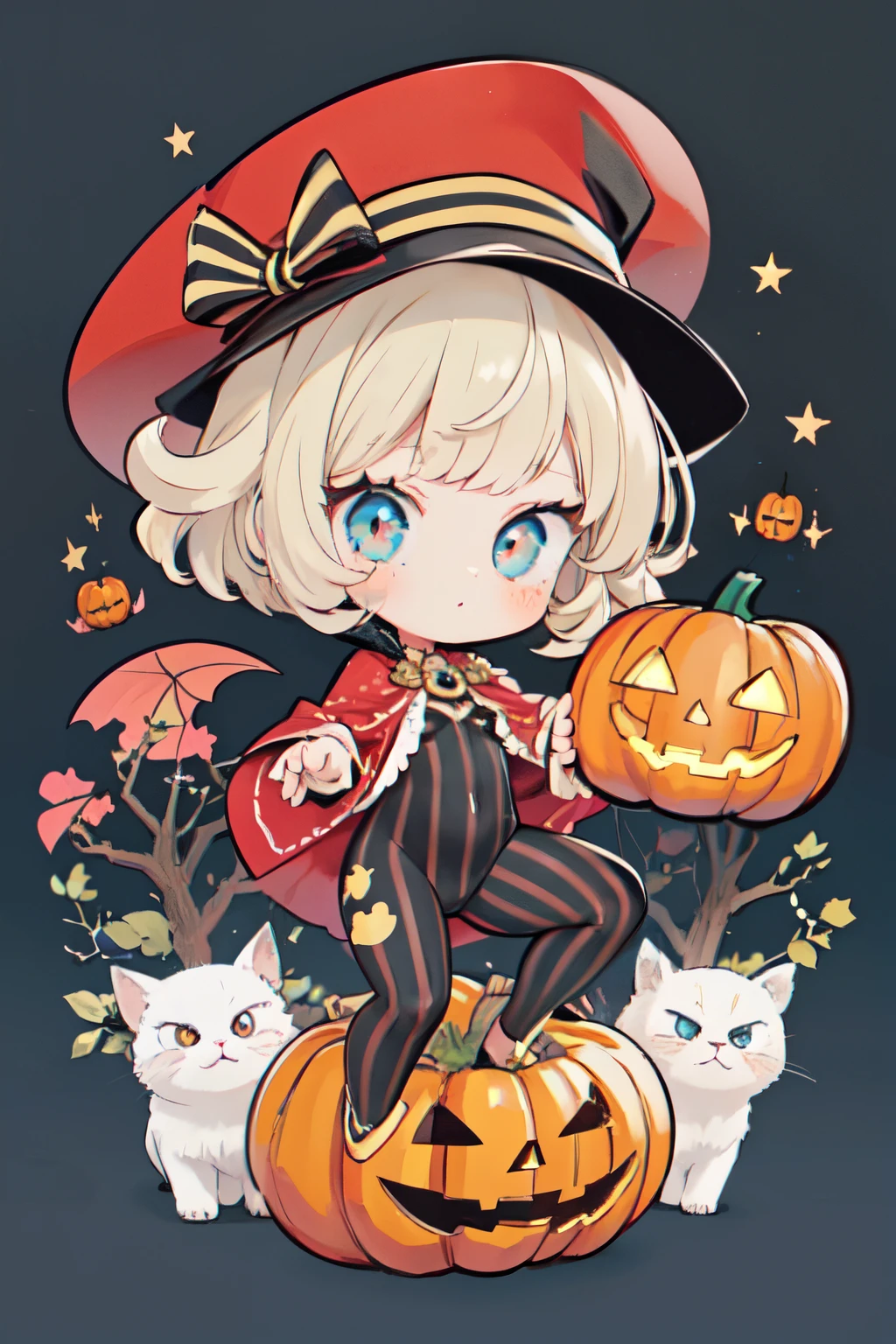 1girl, cute, halloween, pumpkin, pattern, blue cat, striped hat, stripe leggings, fullbody, design, character design, visual dev, adopt, adoptable art, deviantart, da, cute chibi