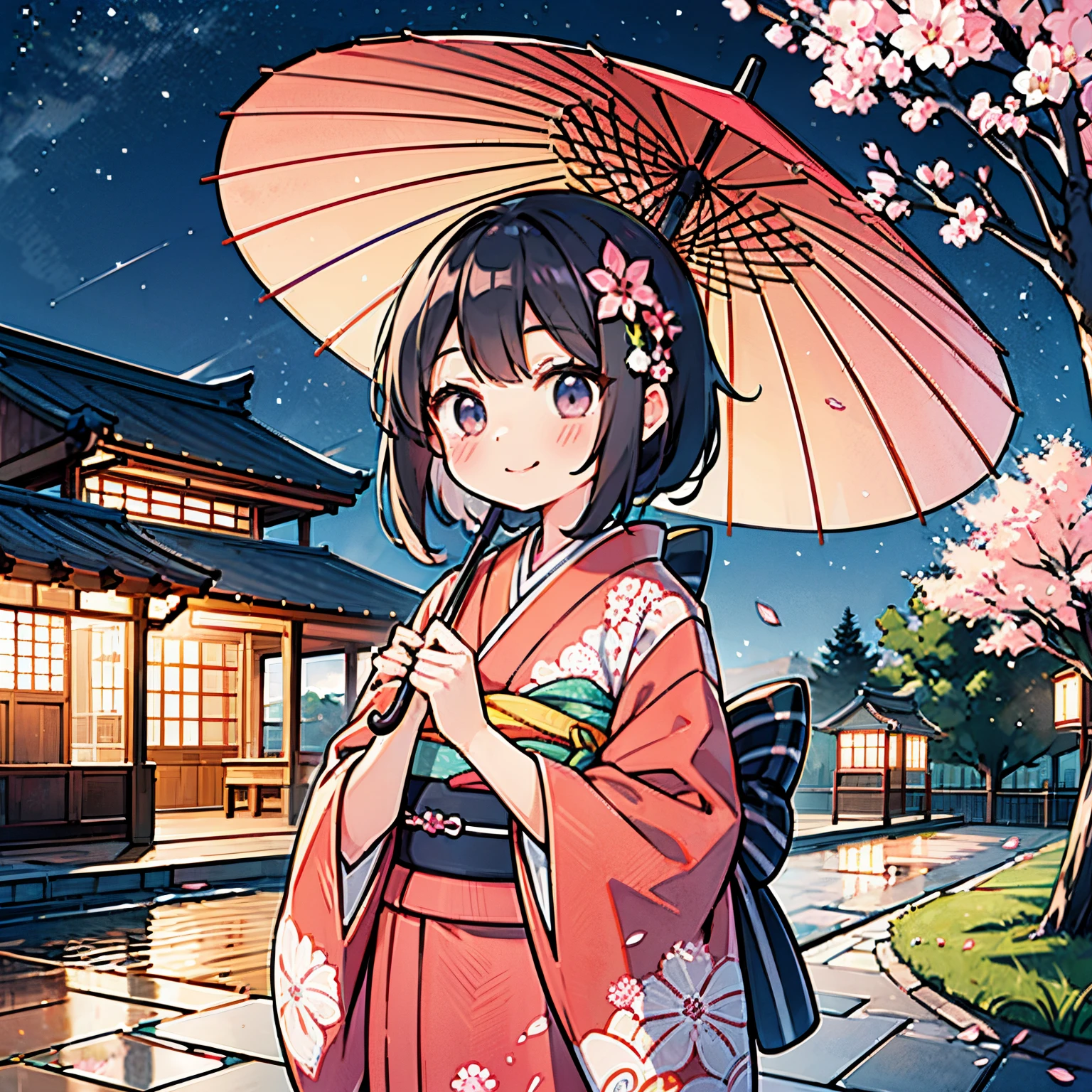 The cherry tree　Cherry blossoms are falling　teens girl　kimono　kawaii faces　Cute smile　Night time zone　Japanese umbrella