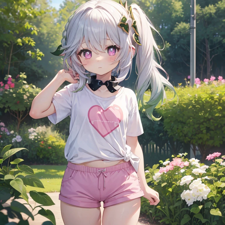 Best Quality, top-quality、(cute petit girl:1.3),Beautiful pink eyes、flat chest、Lori、(Cuteness beyond limits)、Shining thighs、((oestrus))、tied up with a collar、tshirts、hotpants