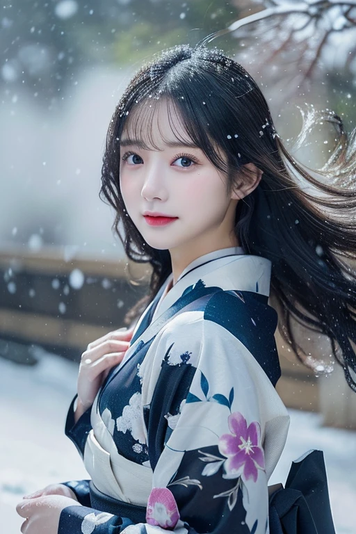 (Kimono)、、(top-quality,masterpiece:1.3,超A high resolution,),(ultra-detailliert,Caustics),(Photorealsitic:1.4,RAW shooting,)Ultra-realistic capture,A highly detailed,high-definition16Kfor human skin、 Skin texture is natural、、The skin looks healthy with an even tone、 Use natural light and color,One Woman,japanes,,kawaii,A dark-haired,Middle hair,(depth of fields、chromatic abberation、、Wide range of lighting、Natural Shading、)、、(Falling snow:1.3)、(Hair swaying in the wind:1.4)、(Snow reflects light:1.3)
