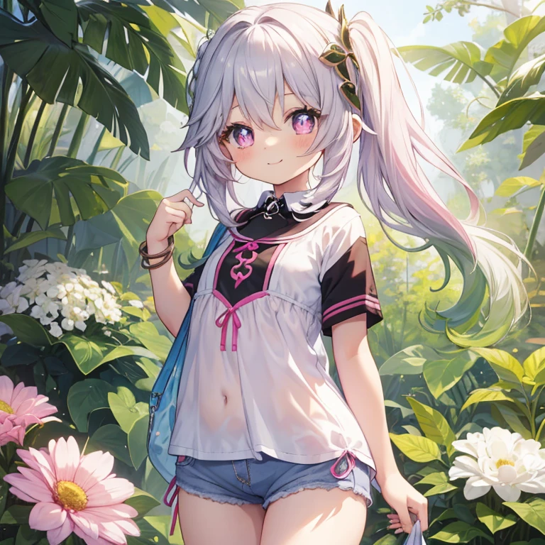 Best Quality, top-quality、(cute petit girl：1.3),Beautiful pink eyes、flat chest、Lori、（Cuteness beyond limits）、Shining thighs、((Cute smile))、tied up with a collar、tshirts、hotpants
