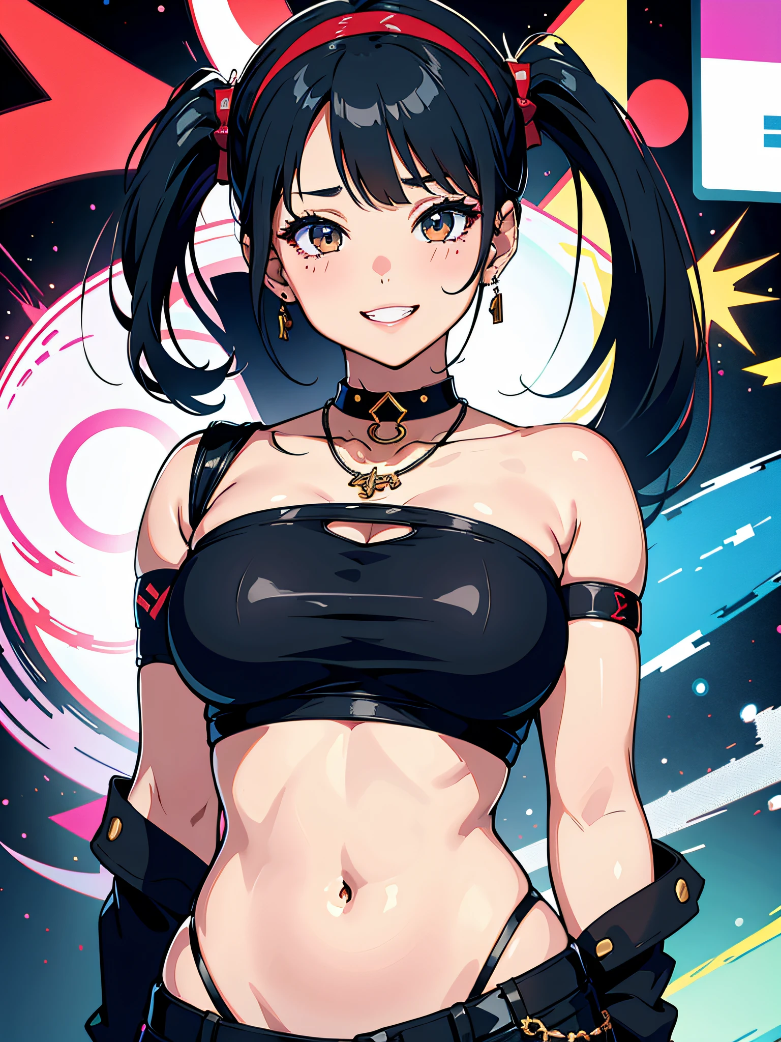 (top-quality、hight resolution、8K、masterpiece:1.2)。Curvaceous but slender、Grinning Woman、I am trading forex on my laptop with chart analysis screen and cyber background in the background.。Business is going well and he has a big toothy smile..。accessorized、Mole、eyebrows、double tooth、canine teeth、poneyTail、clear and detailed eyes、red blush、a choker、fleshy lips、Physical beauty、well-muscled、Raise headband bangs、Mysterious fashion、Anime style、animesque、Oversized trousers、Unreal、Depiction in motion、a necklace、Bracelets、Misanga、arm band、Tattoo on the shoulder、espadrilles、colourfull、Jojo Standing、Original Character、PC operation、