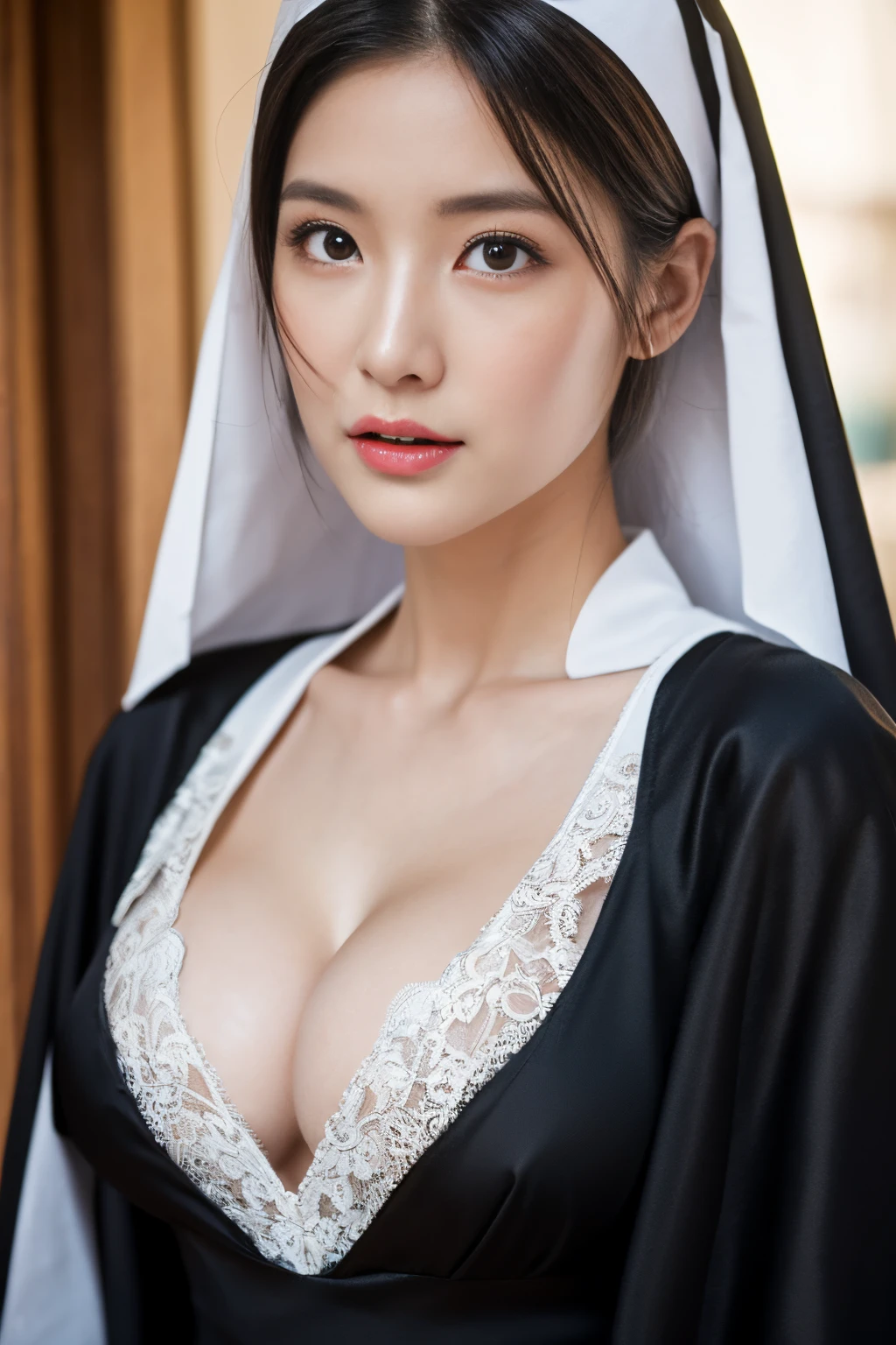 top-quality,Beautiful detailed nun,Bewitching face,Japan person model,long lashes,Wearing a long black lace dress,Hide your mouth with a lace cloth,Detailed details,Colossal tits,With cleavage,stares at the camera、palatial palace