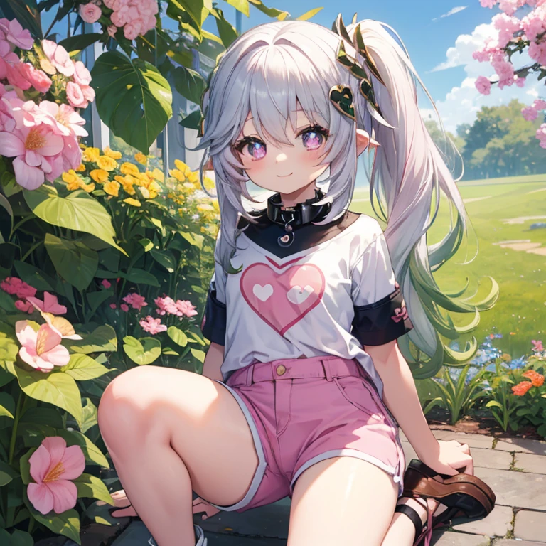 Best Quality, top-quality、(cute it girl:1.3),Beautiful pink eyes、flat chest、Lori、(Cuteness beyond limits)、Shining thighs、((Cute smile))、tied up with a collar、tshirts、hotpants、Open the crotch、bend knee