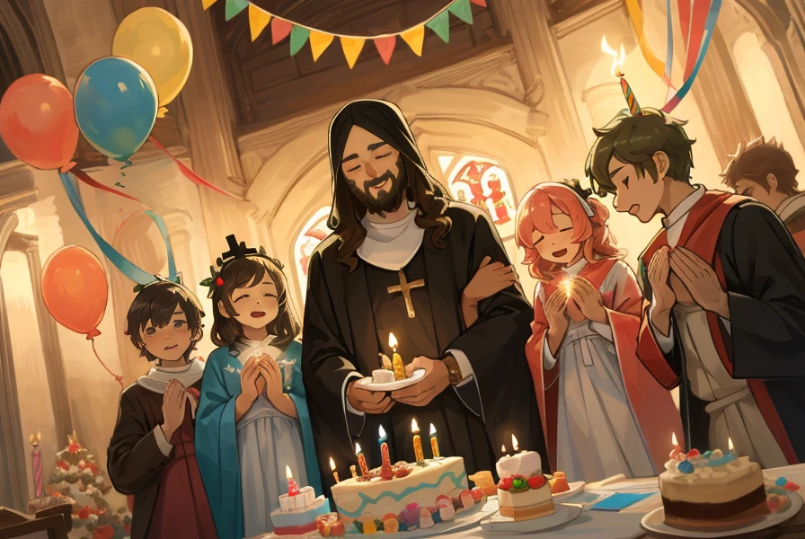 Cover of a, Realistic oil painting, A high resolution, top-quality, Best quality at best, Paid rewards available, High quality illustrationtiz, Unbeatable masterpiece, Perfect artwork, Ridiculous resources(Family attending birthday party at church, One guy, Women and children praying in front of candles on birthday cake)(room decorated with balloons、Streamers、Crosses and many church-related objects, Image of Jesus Christ smiling on the wall，Festive and colorful atmosphere)(A lot of men, Women and children smiling and applauding)perfect anatomia, Cake with candles and colorful icing, Joyful and celebratory mood, special family moments, Fan creations shared on Pixiv or Twitter platforms, 电影灯光, dynamic angle,Everyone closes their eyes