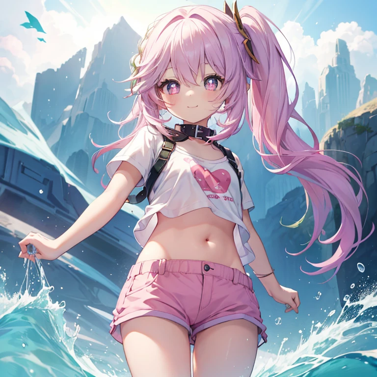 Best Quality, top-quality、(cute petit girl：1.3),Beautiful pink eyes、flat chest、Lori、（Cuteness beyond limits）、Shining thighs、((Cute smile))、tied up with a collar、Show your belly button、tshirts、hotpants