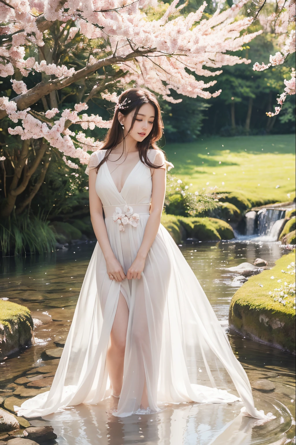(best quality,4k,8k,highres,masterpiece:1.2),ultra-detailed,(realistic,photorealistic,photo-realistic:1.37),A girl surrounded by beautiful plum blossoms,soft petals,delicate details,pale pink flowers,fragrant aroma,serene expression,long dark hair with a hint of a breeze,sparkling eyes reflecting the sunlight,rosy cheeks,gentle smile,flowing dress in shades of white and pink,graceful posture,standing near a small stream,golden sunlight filtering through the trees,casting dappled shadows on the ground,butterflies fluttering around her,capturing the beauty of the moment,hint of a serene garden in the background,whisper of distant birdsong,creating a tranquil atmosphere.