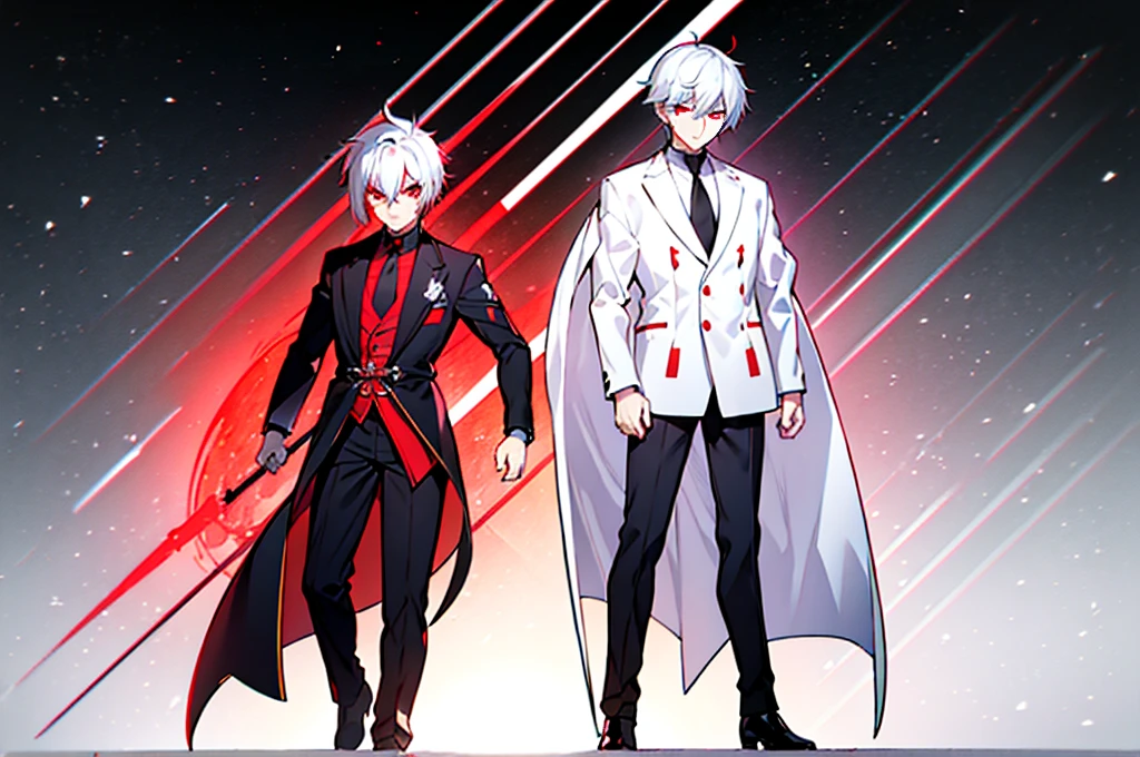 hight resolution,Anime boy with white hair and red eyes staring at camera,Glowing red eyes,slim,
dressed in a black outfit、Shadow Body,de pele branca,monochromes、hair messy,Straight face、Diagonal angle