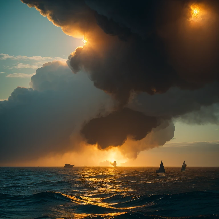 a scene from a movie、realisitic、steampunc、Artificial sun spewing out steam、emerging from the sea、longshot、8k.Seawater flowing like a waterfall from the artificial sun、Maelström、A realistic and detailed world、There are crows、