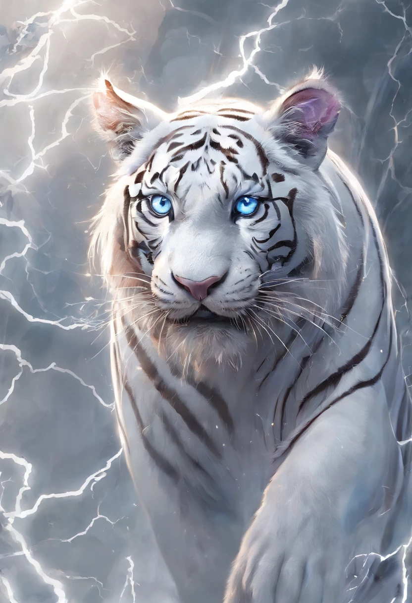 A white tiger,(Spit lightning:1.2)Lightning,(entangled lightning:1.2),(Good body proportions:1.4)(Hyper Real,hyper-detailing,high qulity,hyper HD,tmasterpiece:1.3)