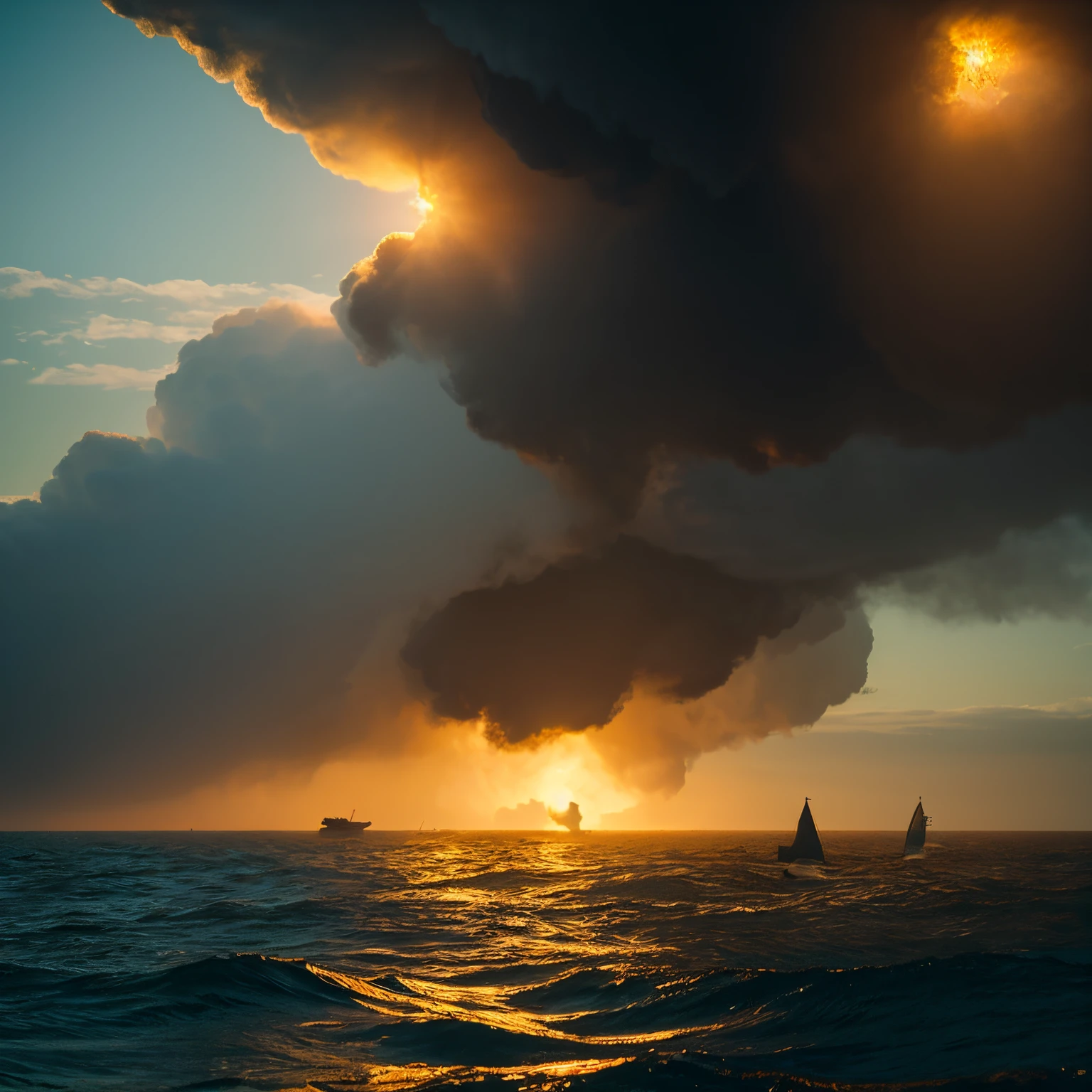 a scene from a movie、realisitic、steampunc、Artificial sun spewing out steam、emerging from the sea、longshot、8k.Seawater flowing like a waterfall from the artificial sun、Maelstrom、A realistic and detailed world、There are crows、