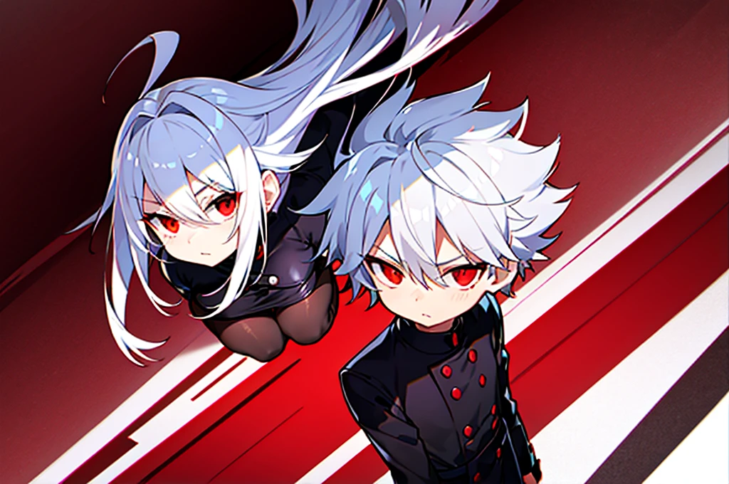 hight resolution,Anime boy with white hair and red eyes staring at camera,Glowing red eyes,slim,
dressed in a black outfit、Shadow Body,de pele branca,monochromes、hair messy,Straight face、Diagonal angle