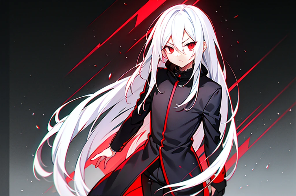 hight resolution,Anime boy with white hair and red eyes staring at camera,Glowing red eyes,slim,
dressed in a black outfit、Shadow Body,de pele branca,monochromes、hair messy,Straight face、Diagonal angle