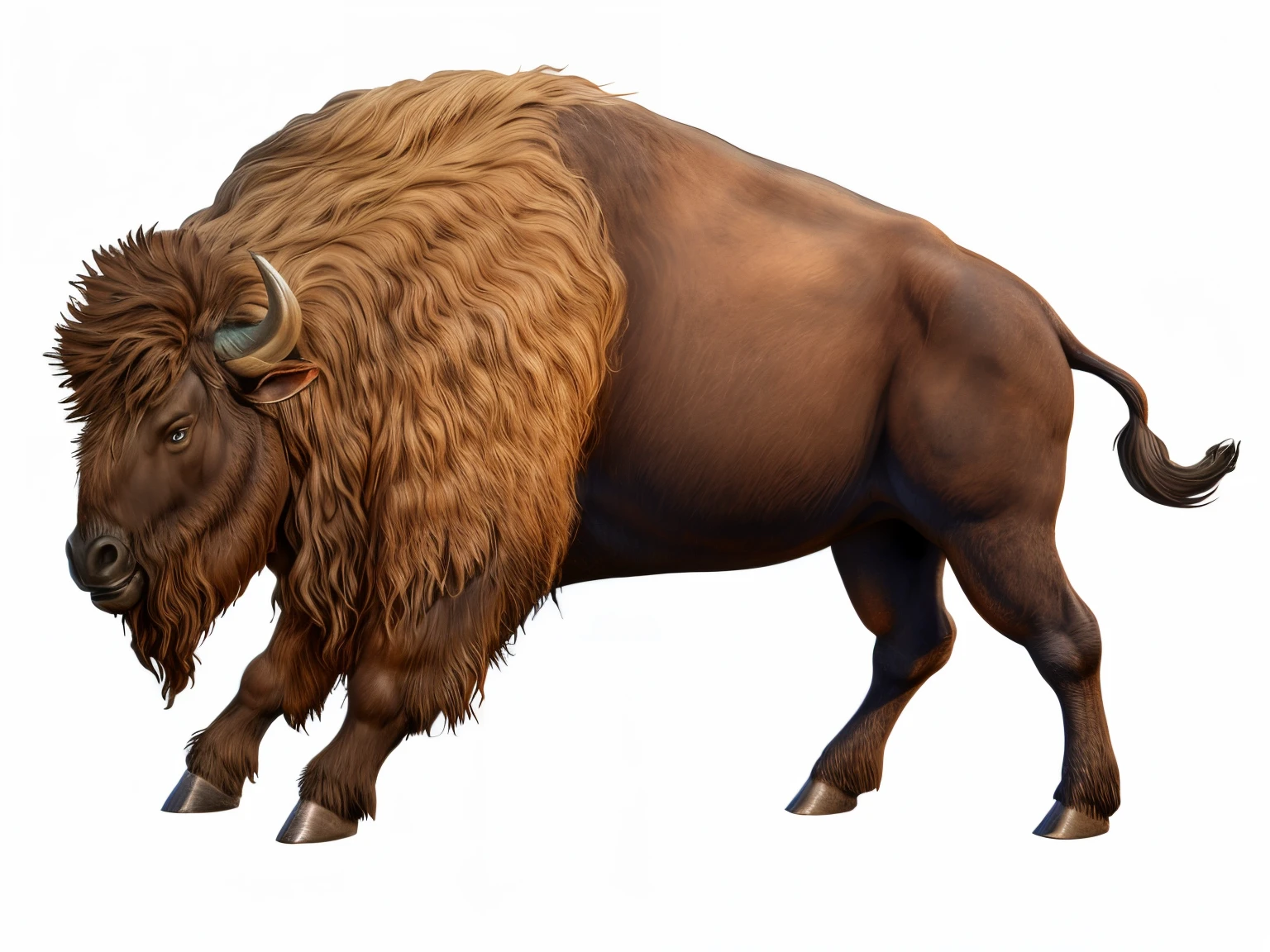 bull walking sideways, buffalo, humpback bison, There are a lot of manes on the body, Curly mane, Lots of leg hair, Bison have thick manes, Super quality, extremely high resolution. 8K, exquisite detailing, The proportions are reasonable, There are layers of light and shadow