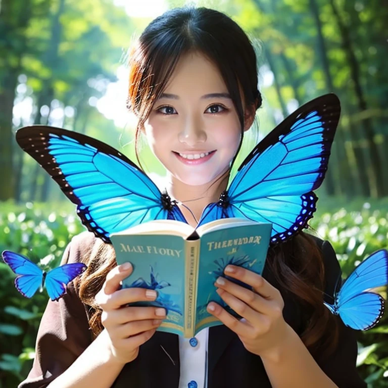 happy blue butterfly、Facing books、come out a lot、The background is a fantastic forest、A sparkling happy space