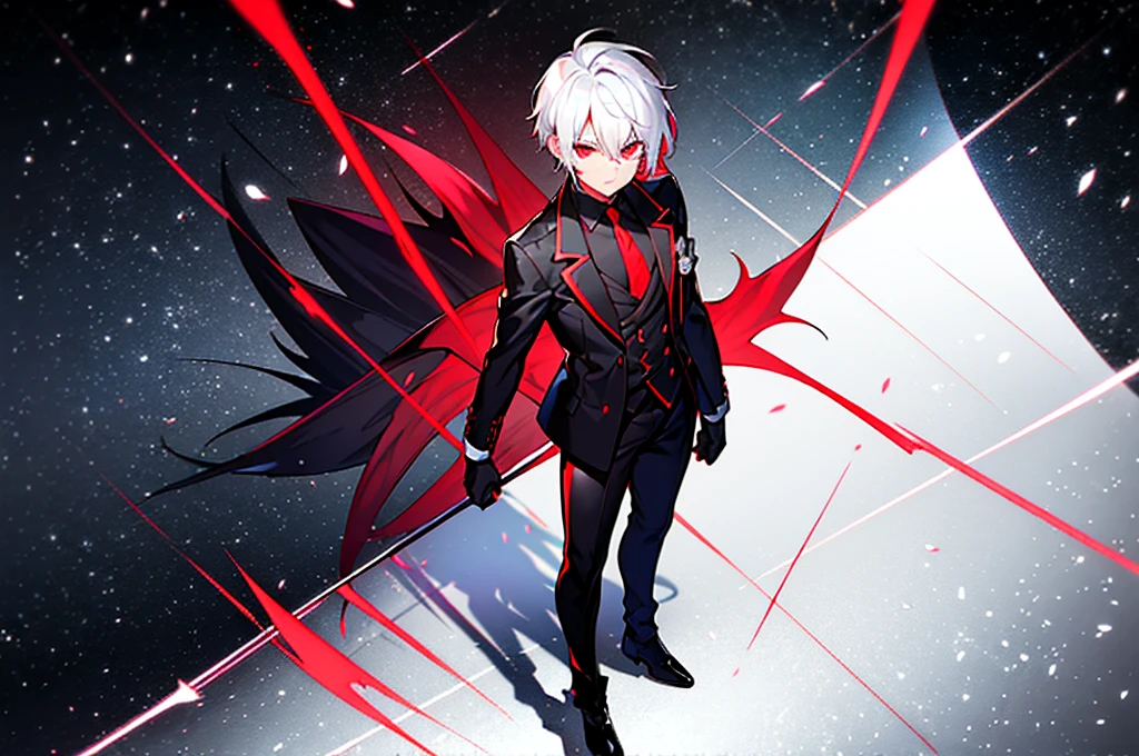 hight resolution,Anime boy with white hair and red eyes staring at camera,Glowing red eyes,slim,
dressed in a black outfit、Shadow Body,de pele branca,monochromes、hair messy,Straight face、Diagonal angle