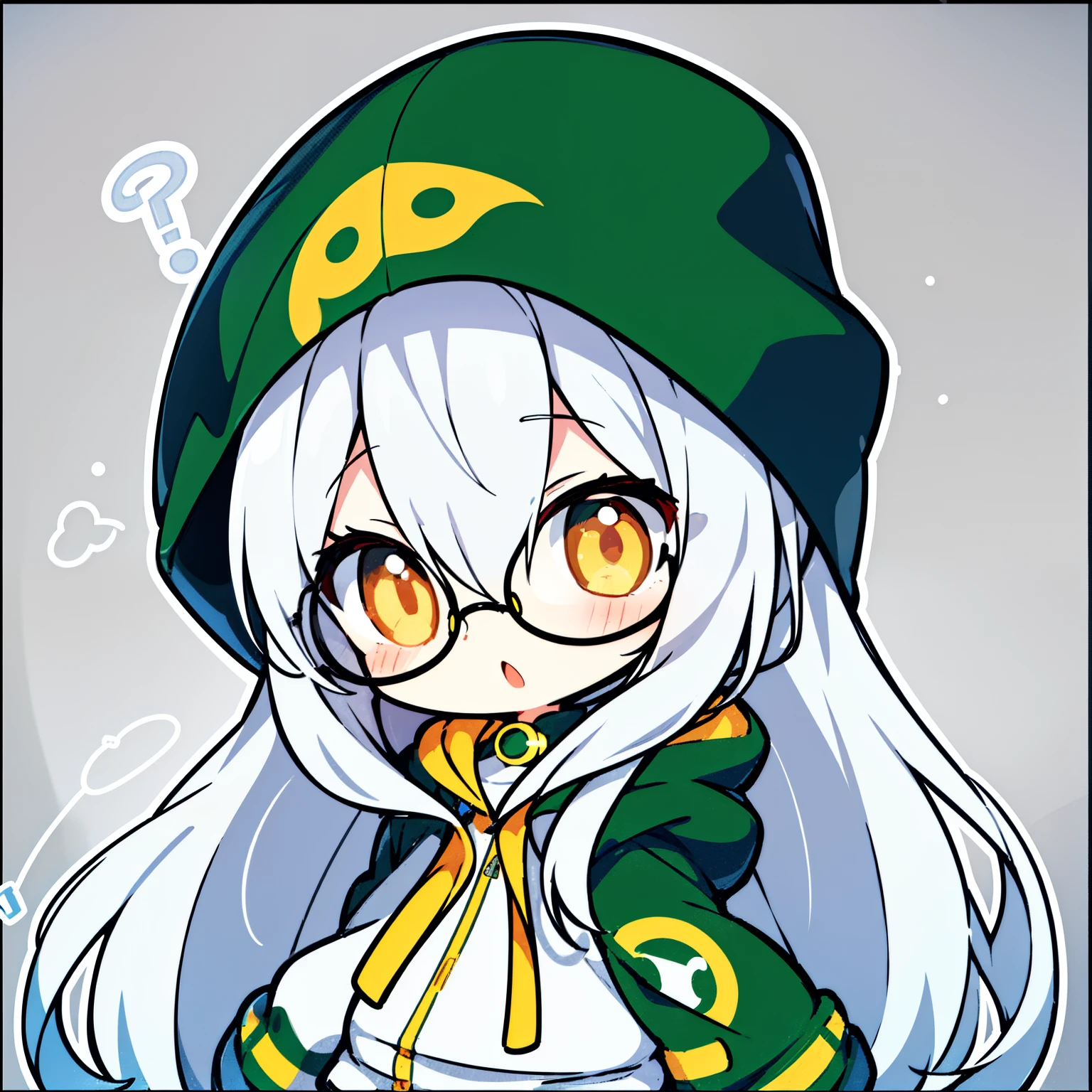 1girl, white hair, long hair, yellow eyes, glasses, green jacket, hooded jacket, (chibi:1.2), spoken question mark,