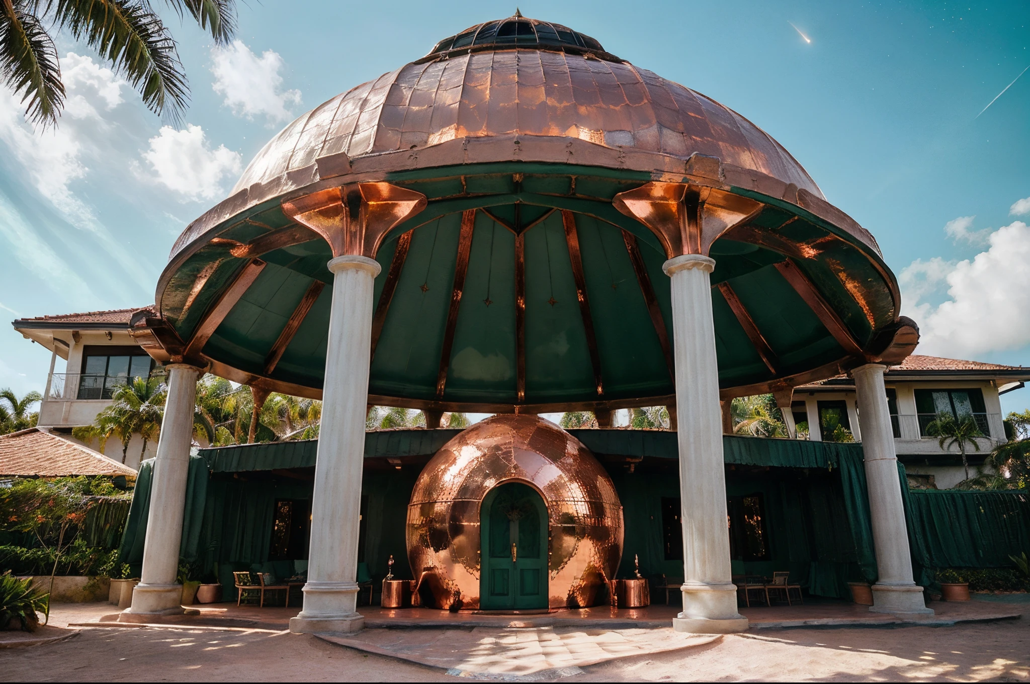 a beautiful mansion clad in copper, a large dome roof, with roman columns, emerald green marble, beautiful landscaped gardens with tropical plants, ocean front of a beautiful tropical beach, ((evening sky with a nebula and stars background)), Golden light, (with perfect peeling surf), palm trees, (((modern architecture mansion made from copper with a dome roof))), (masterpiece:1.2) (photorealistic:1.4)