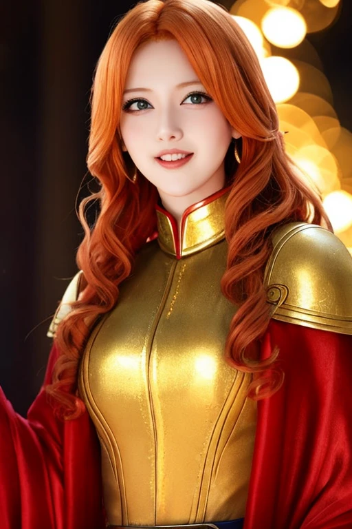 girl, flowing red blonde hair, Yellow eyes, Golden Imperial Costume, neckline, animesque, The background is a clear sky with twinkling lights, Dynamic Angle, Arrogant laughter