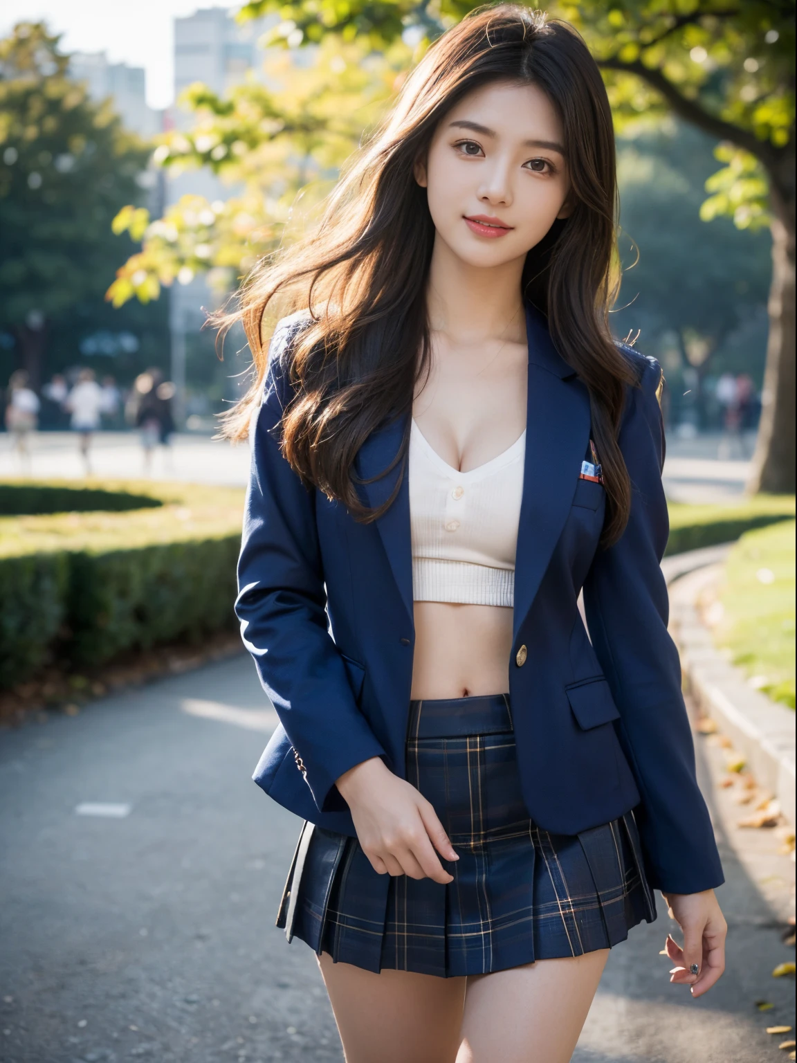 table top, highest quality, Super detailed, finely, High resolution, 8k wallpaper, perfect dynamic composition, beautiful and detailed eyes,medium hair, natural color lip,smile,(Wearing a navy blue school blazer uniform:1.3),(long hair:1.3),standing in the park,(The wind is blowing、The navy blue and pink plaid skirt lifts up..,I can see white panties:1.6),cowboy_shot,18 year old girl,Backlight