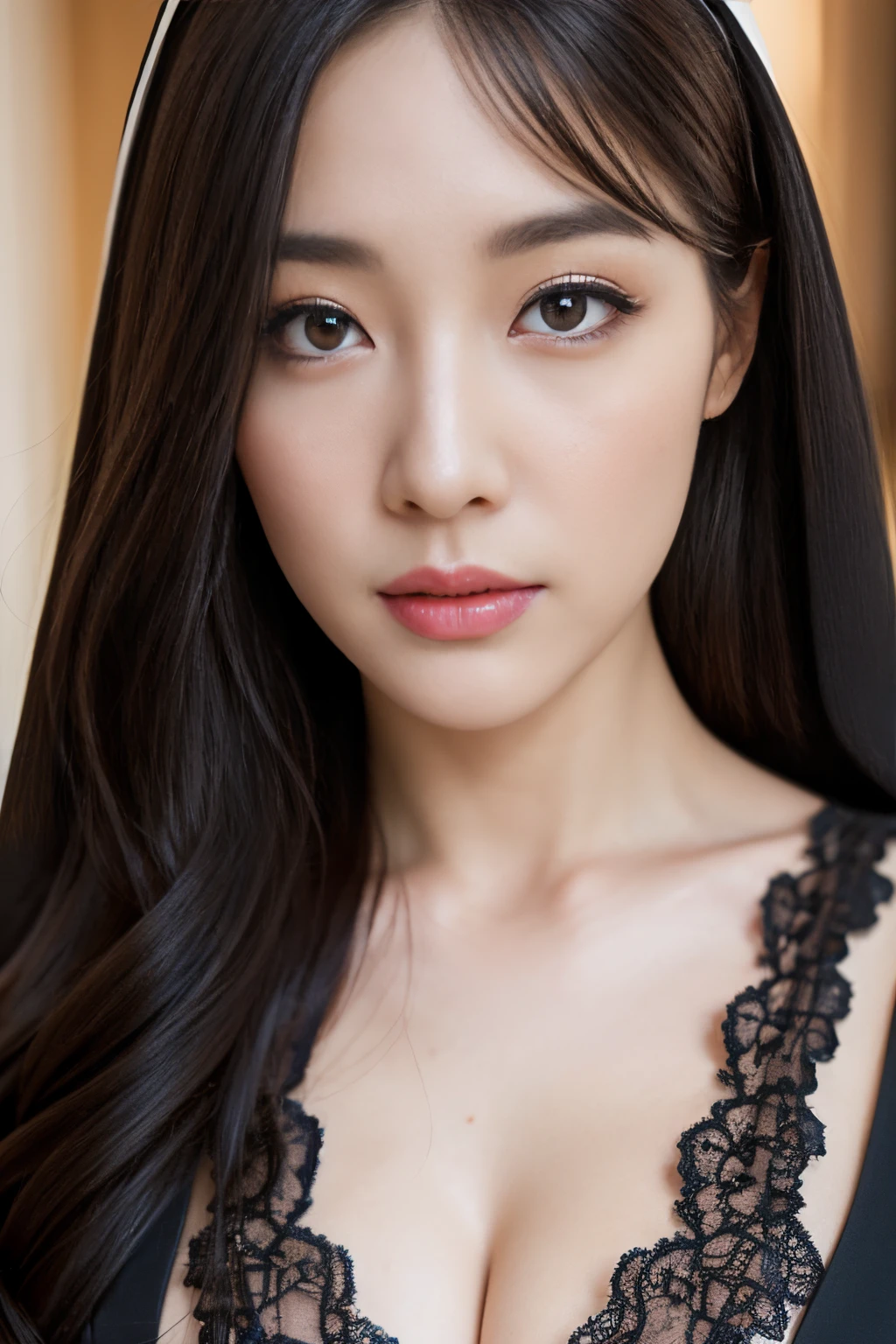 top-quality,Beautiful detailed nun,Bewitching face,Japan person model,long lashes,Wearing a long black lace dress,Hide your mouth with a lace cloth,Detailed details,Colossal tits,With cleavage,stares at the camera、palatial palace