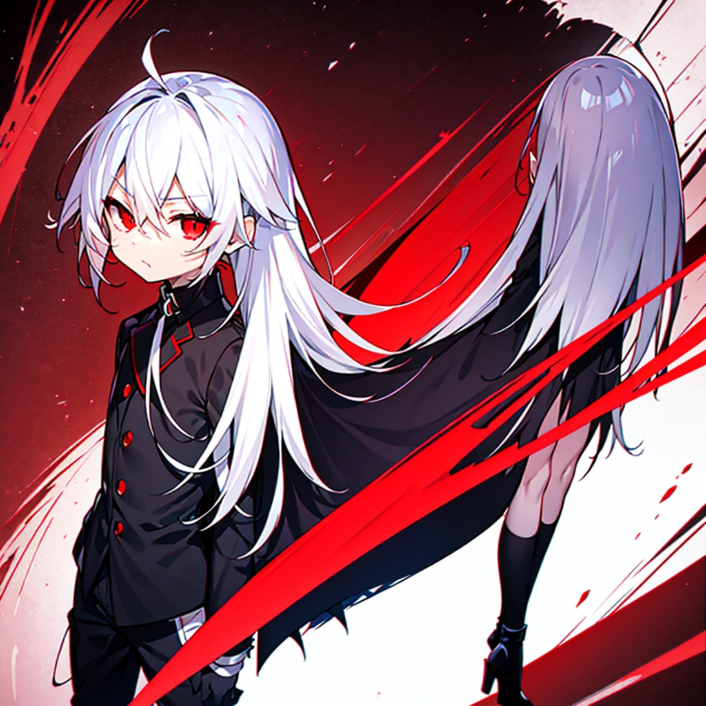 hight resolution,Anime boy with white hair and red eyes staring at camera,Glowing red eyes,slim,
dressed in a black outfit、Shadow Body,de pele branca,monochromes、hair messy,Straight face、Diagonal angle