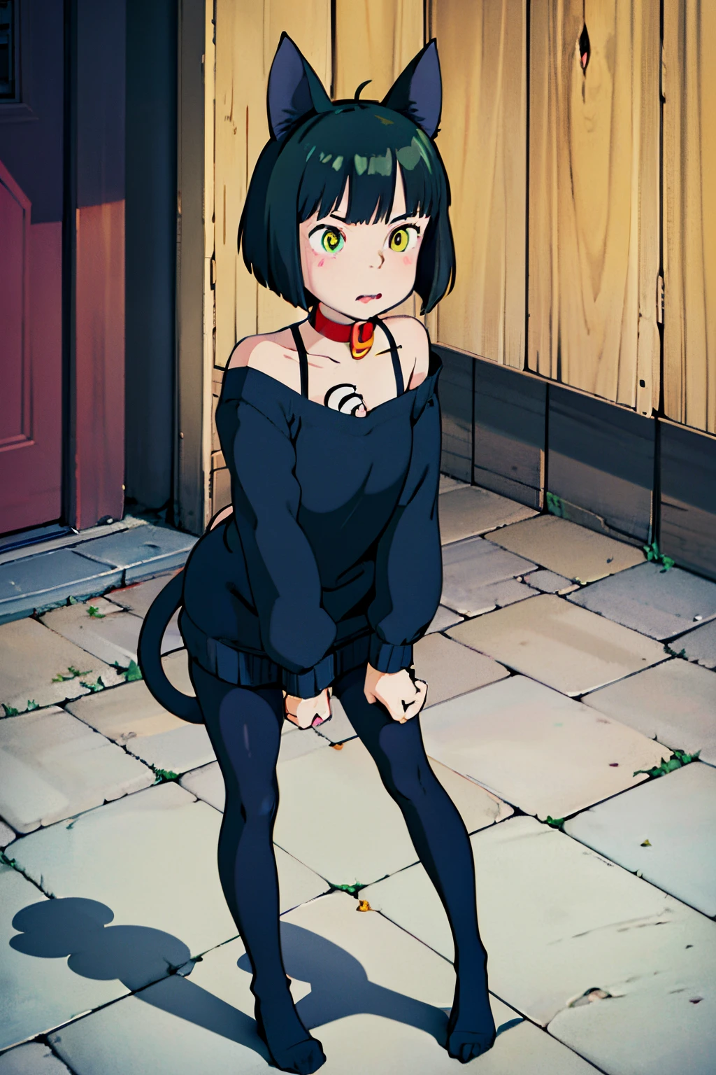 cute girl, Short dark green hair, yellow eyes,cat ears, cat collar, cat eyes, cat tail, cat hands, cat feet, cat clothes,