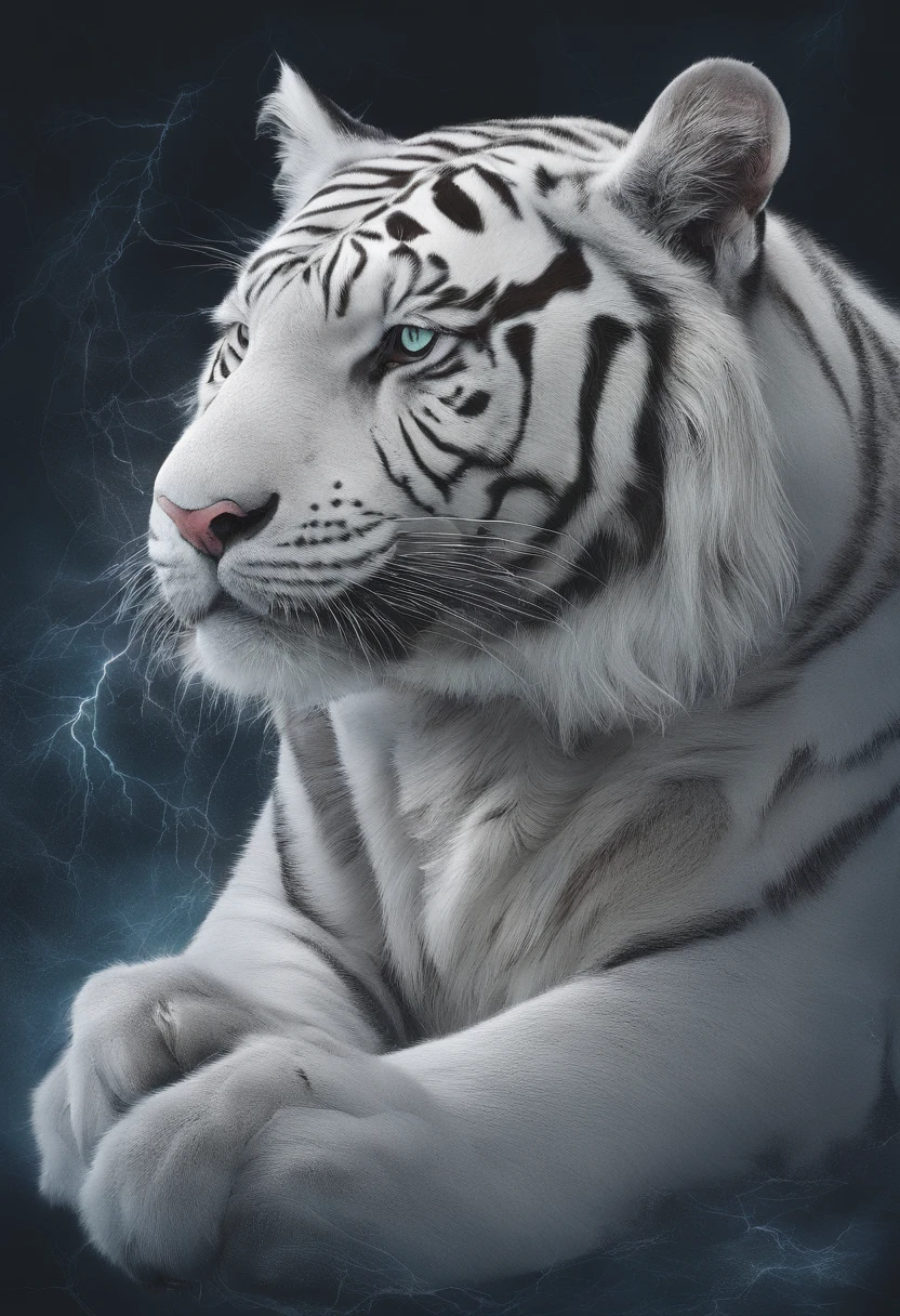 an adult white tiger,Tall and mighty,(see the whole body:1.5)(Spit lightning:1.2)Lightning,(entangled lightning:1.2),(Good body proportions:1.4)(Hyper Real,hyper-detailing,high qulity,hyper HD,tmasterpiece:1.3)