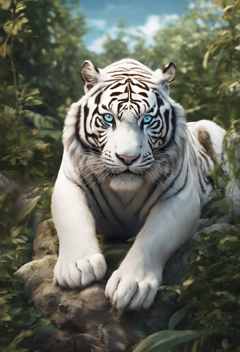 an adult white tiger,Tall and mighty,(see the whole body:1.5)(Spit lightning:1.2)Lightning,(entangled lightning:1.2),(Good body proportions:1.4)(Hyper Real,hyper-detailing,high qulity,hyper HD,tmasterpiece:1.3)