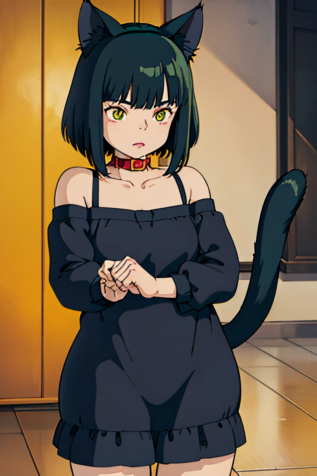 cute girl, Short dark green hair, yellow eyes,cat ears, cat collar, cat eyes, cat tail, cat hands, cat feet, cat clothes,