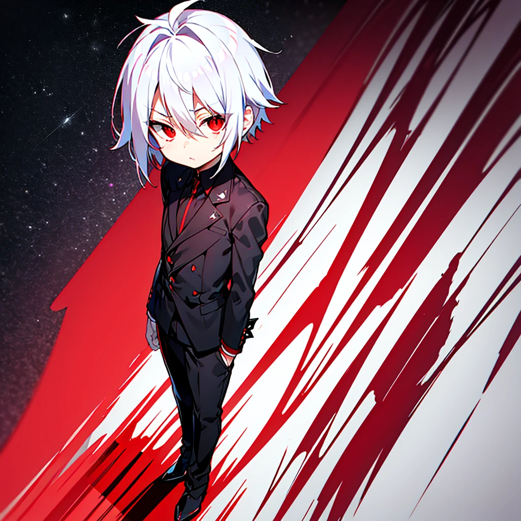 hight resolution,Anime boy with white hair and red eyes staring at camera,Glowing red eyes,slim,
dressed in a black outfit、Shadow Body,de pele branca,monochromes、hair messy,Straight face、Diagonal angle