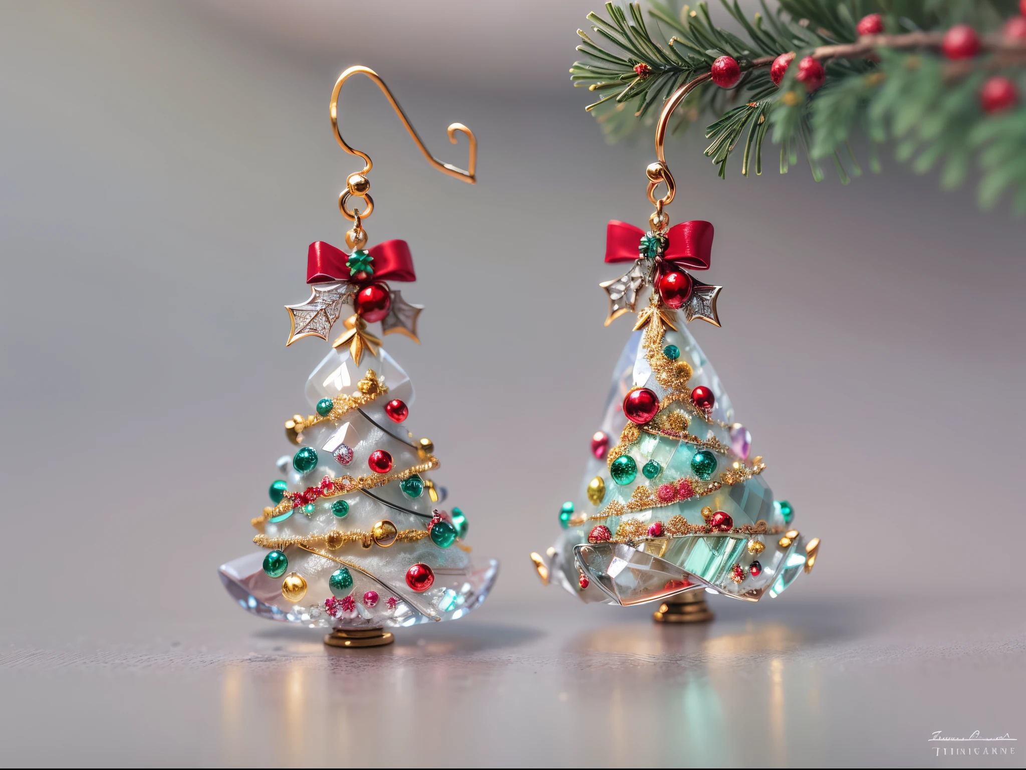 Christmas tree earrings，trinkets， shiny glass surface, exquisite detailing, Intricate patterns, Vibrant colors, beautiful reflexions, Handmade masterpiece, delicate craftsmanship, Complex design, Sparkling, Elegant, festive atmosphere, Delicate glass, crystal-clear, Sparkling, Reflects ambient light, Fragile beauty,  Convey the Christmas spirit. (Best quality at best, A high resolution, actual, Vibrant colors, Studio Lightning),