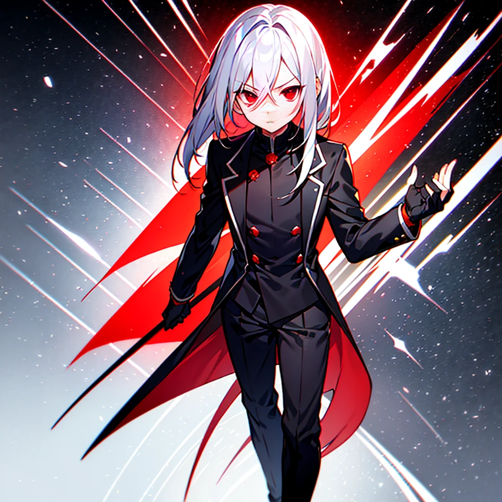 hight resolution,Anime boy with white hair and red eyes staring at camera,Glowing red eyes,slim,
dressed in a black outfit、Shadow Body,de pele branca,monochromes、hair messy,Straight face、Diagonal angle