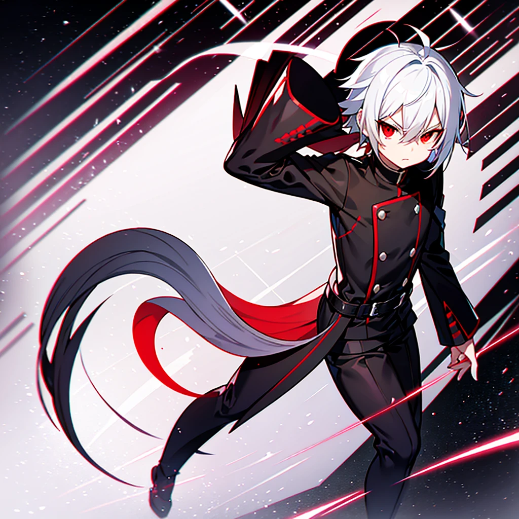 hight resolution,Anime boy with white hair and red eyes staring at camera,Glowing red eyes,slim,
dressed in a black outfit、Shadow Body,de pele branca,monochromes、hair messy,Straight face、Diagonal angle