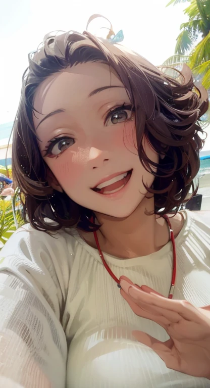 Happy woman, smiling at camera, selfie, 8k photo, lounging at beach