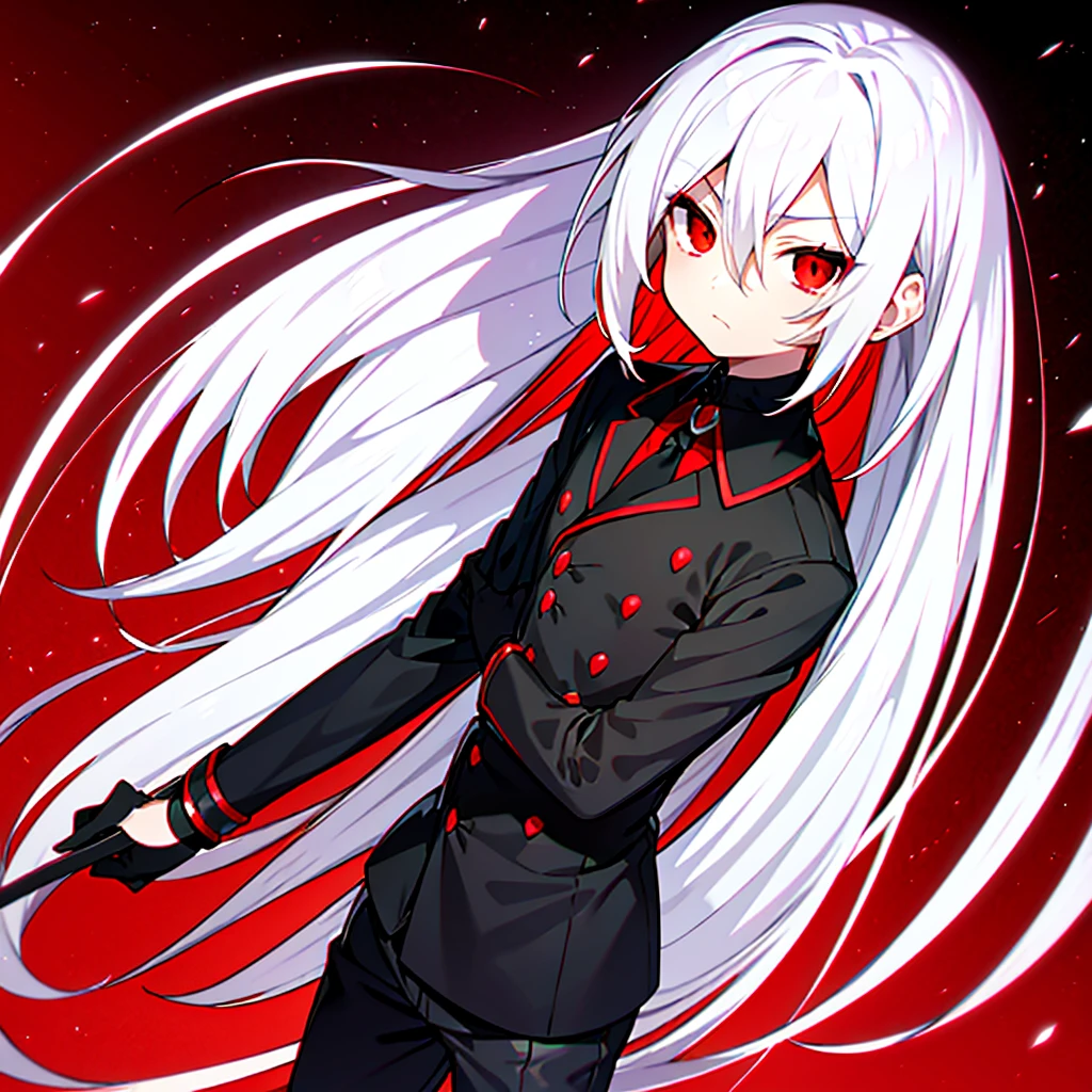 hight resolution,Anime boy with white hair and red eyes staring at camera,Glowing red eyes,slim,
dressed in a black outfit、Shadow Body,de pele branca,monochromes、hair messy,Straight face、Diagonal angle