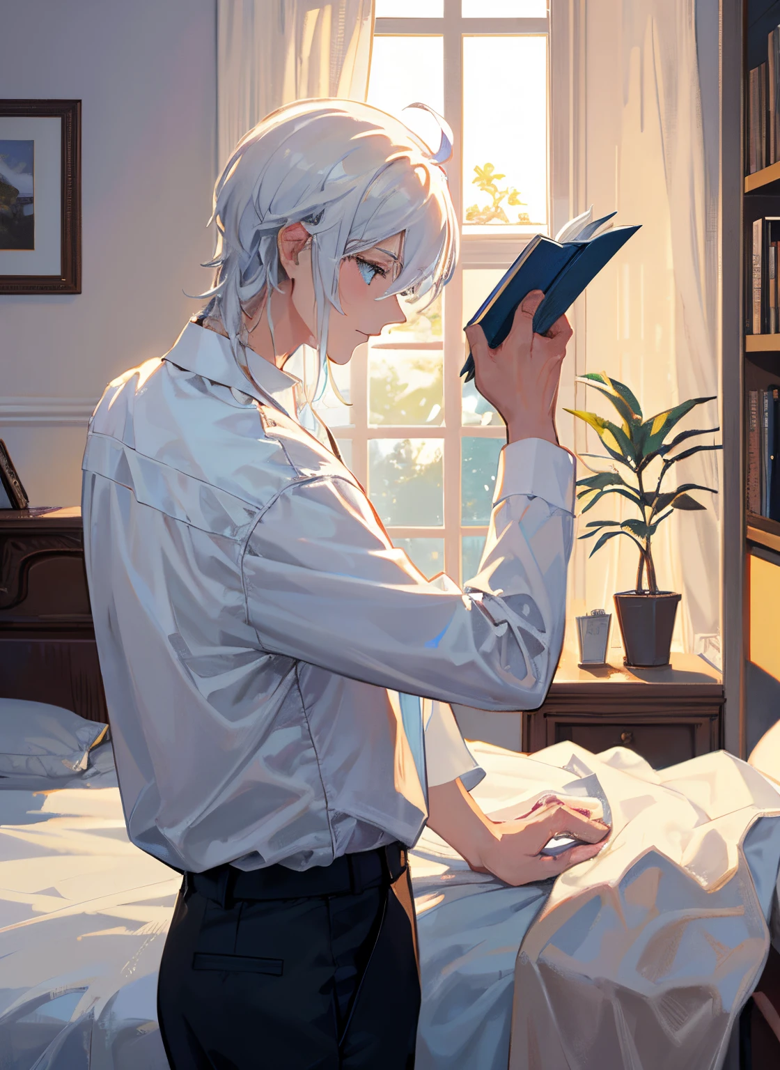 tmasterpiece, Best quality, 1 persons, White hair,Light blue sheets,Leaning against the bed,Only the upper body can be seen,Reading,Hold the book,Leaning against the bed,white shirt,White top,gold decoration on shirt,Black pants,The collar of the white shirt is slightly open,with plants around it,There are books around,The sun shines on the body and face from the side,a warm color palette