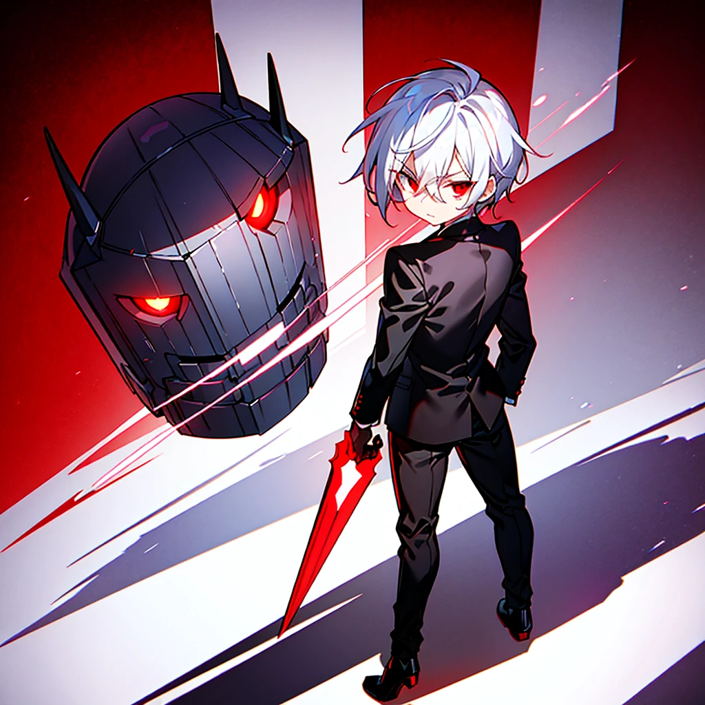 hight resolution,Anime boy with white hair and red eyes staring at camera, Glowing red eyes,slim, dressed in a black outfit,Shadow Body,de pele branca,monochromes,hair messy,Straight face,Diagonal angle