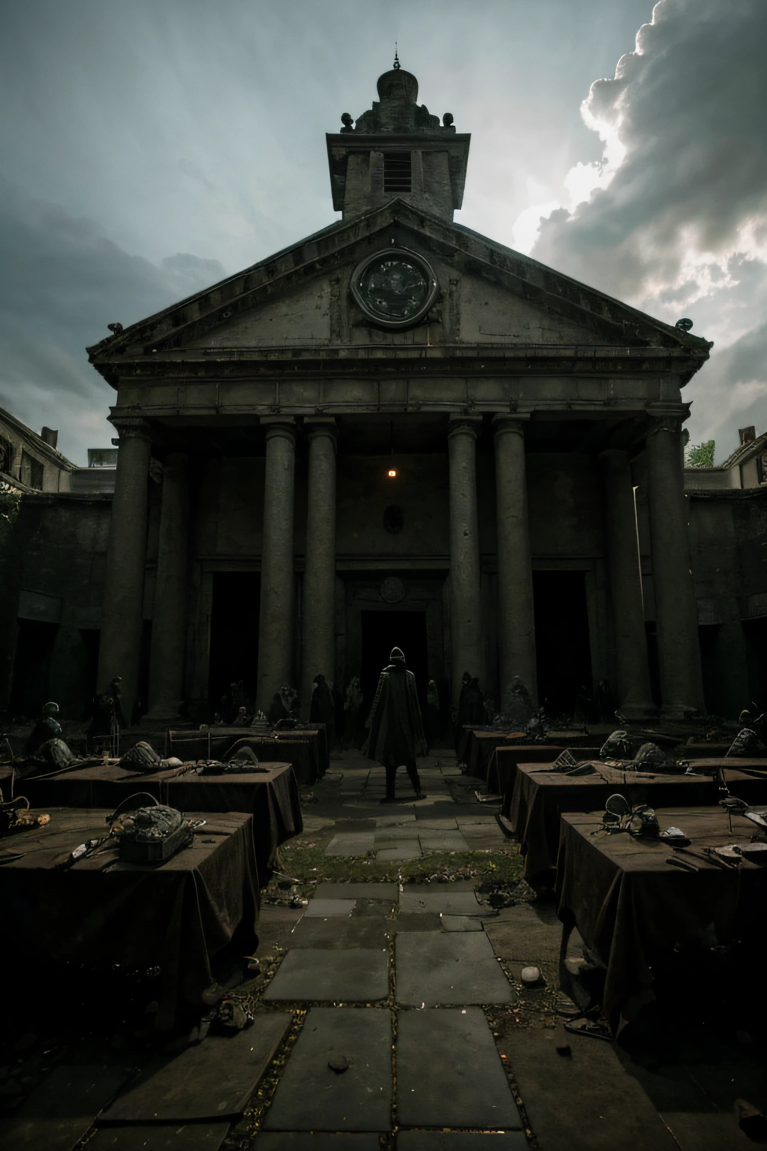 Giant laboratory in the midst of a zombie apocalypse. There are men in plague doctor masks in this white laboratory
