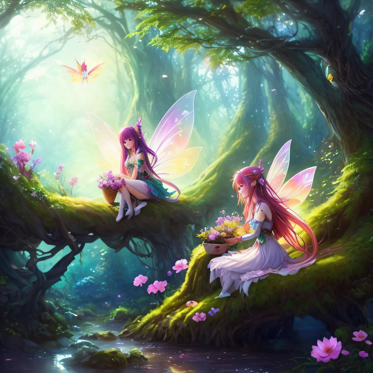 Anime fairy girl sitting on a forest branch, fairies, fairies, beautiful fairie, fairies, faeries, fantasy art style, Flying fairies, Children's Art Art Station, fairytale atmosphere, fairy cgsociety, Guviz-style artwork, Japanese anime fantasy illustration, ross tran 8 k, loish and ross tran,One day,The elves in Dream Valley discovered the mysterious seeds。They decided to bury this seed in the center of Dream Valley,I hope it will bloom unique flowers。
thereupon,The elves carefully take care of this seed every day。they water it、Spread the magic,Even sang to it。Over time,seeds begin to germinate,The little buds grow out of the ground tenaciously。