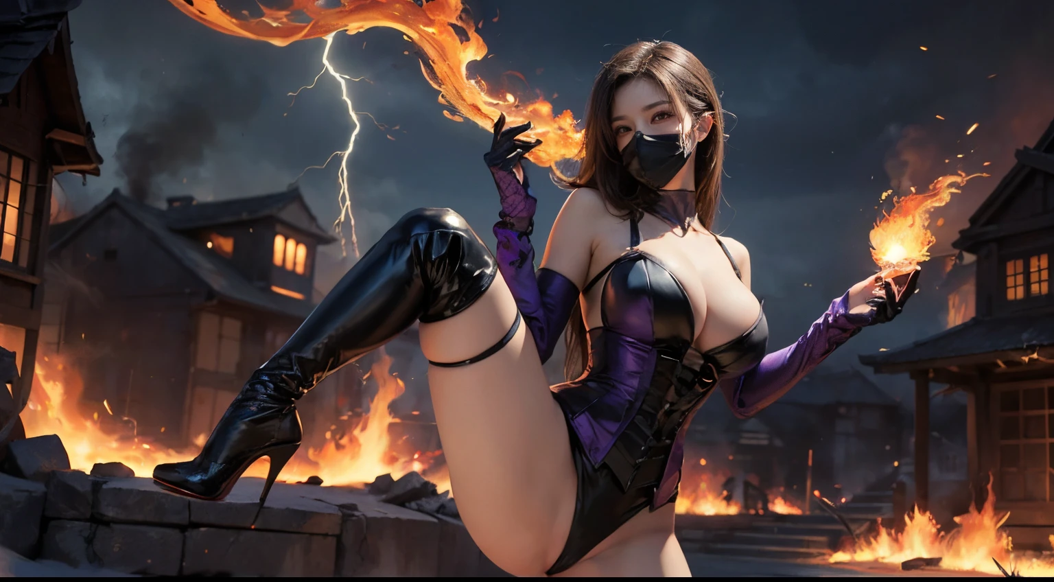 ((best quality)), ((masterpiece)), (detailed), perfect face, ((best quality)), ((masterpiece)), (detailed),((Big tits)),asian girl, mortal kombat, milena style, stockings, high heels, perfect leg, ((puple mask)), mortal kombat backgroung, smoke, purple fire big boobs, smoked skulls at background, fire, burning, more smoke, black leather , more fire, ((burning village in the background)), ((stocking)), sexy, corset, cyrstal balls,((she is standing in the middle of the picture)),((holding a lightning fireball)) lightning