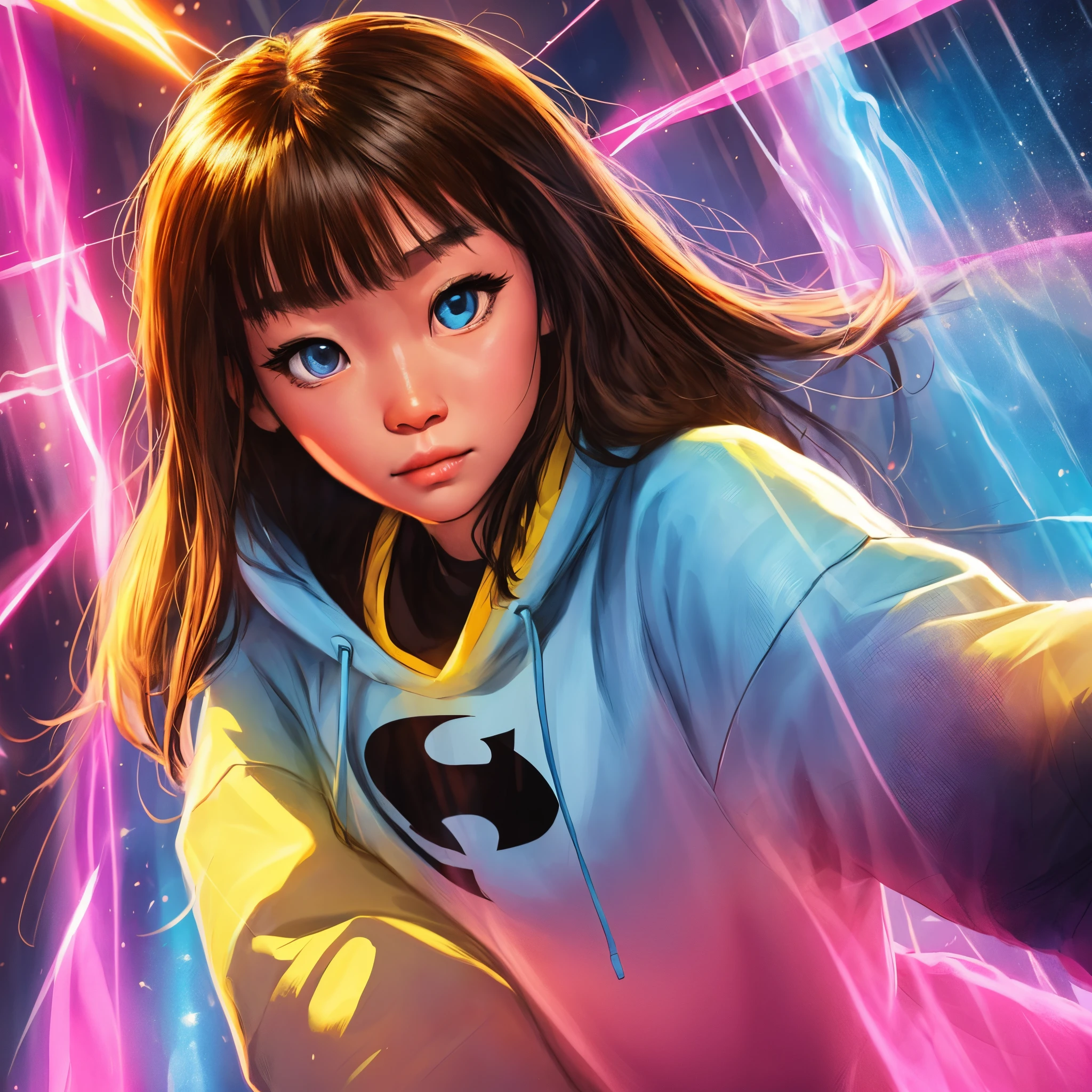 a woman of Japanese descent with long brown straight hair, she has a pink and yellow sweatshirt, she has blue eyes and has pink rays coming out of her hand in dc comics drawn style --auto --s2