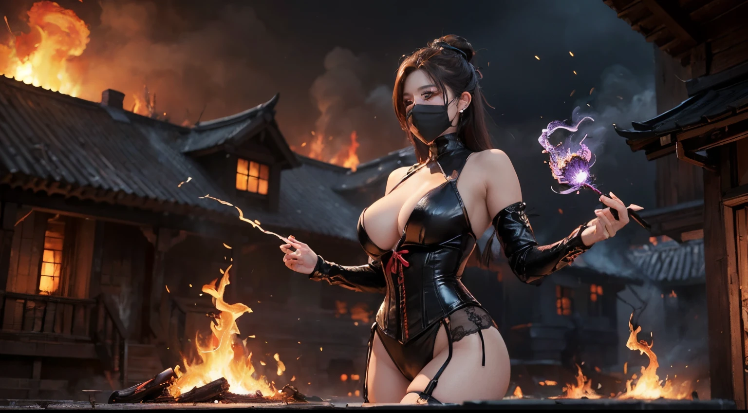 ((best quality)), ((masterpiece)), (detailed), perfect face, ((best quality)), ((masterpiece)), (detailed),((Big tits)),asian girl, mortal kombat, milena style, stockings, high heels, perfect leg, ((puple mask)), mortal kombat backgroung, smoke, purple fire big boobs, smoked skulls at background, fire, burning, more smoke, black leather , more fire, ((burning village in the background)), ((stocking)), sexy, corset, cyrstal balls,((she is standing in the middle of the picture)),((holding a lightning fireball)) lightning