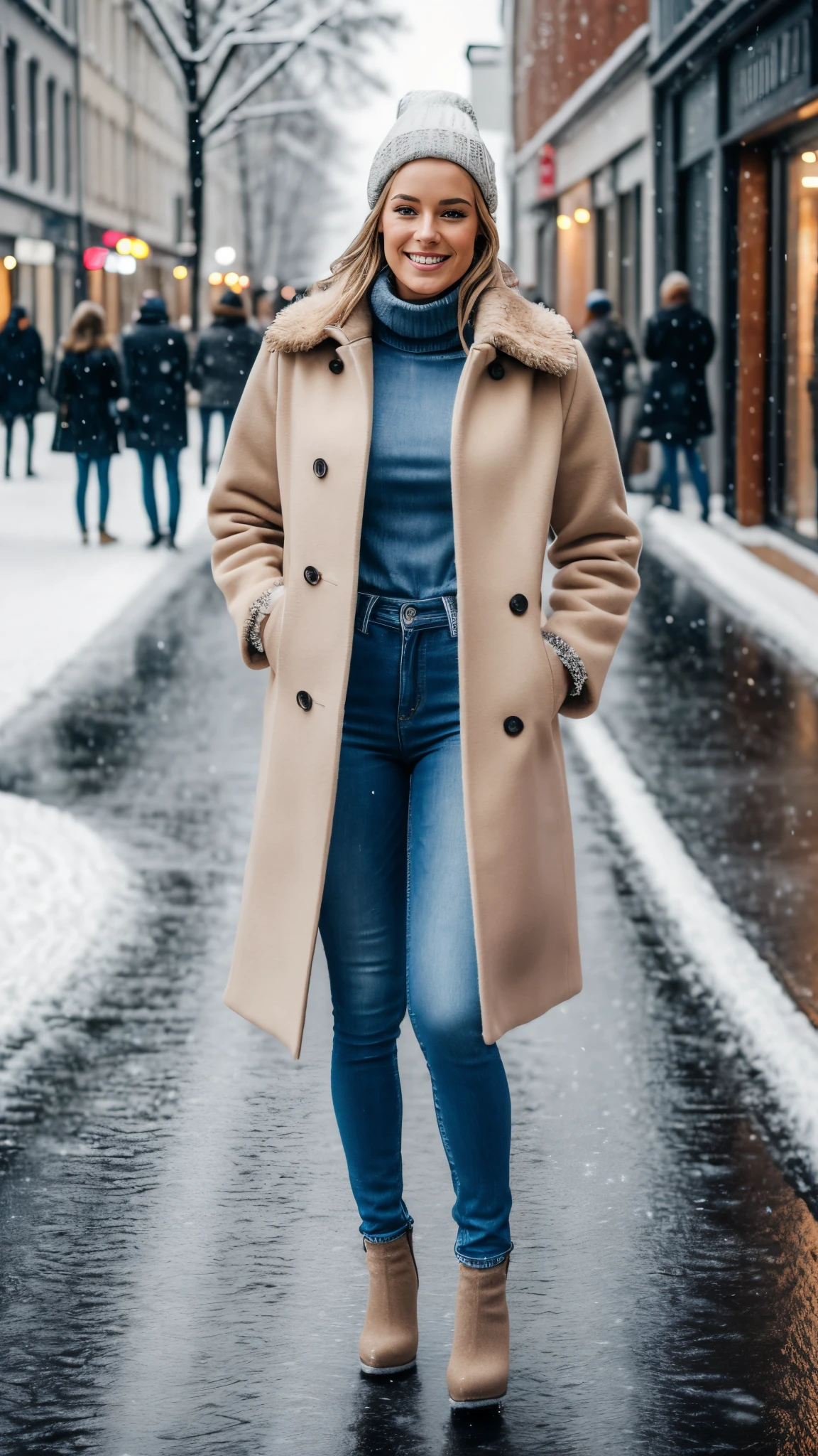 Hyper realistic and detailed full body photo of sexy finnish smiling women wearing tight jeans and beige coat. street. Winter. It's snowing. Perfect face. Perfect butt. Sharp light. perfect eyes, (Eye makeup:1.1), (highly detailed skin:1.1), RAW, analog style, sharp focus, 8k UHD, DSLR, high quality, Fujifilm XT3, grain, award winning, masterpiece.