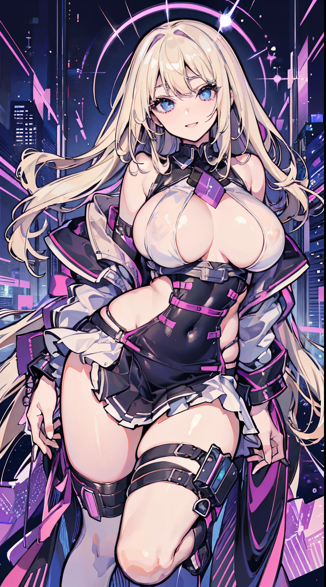 top-quality、realistic touch,high-detail、photoRealstic、Long body、captive beauty、big eye、huge tit、Strong platinum blonde eyelashes、platinum-blonde、Beautie、A sexy、full body Esbian、Sparkling eyes、Submissive smile、Flushed cheeks、Kamimei、thin-waist、Voluptuous thighs、Enraptured look、Raked bangs、The forehead is protruding、sleeveless、High school students in uniform 、skirts that are too short、clothes with wide open sides、Her boobs is covered by her clothes but visible from the side.