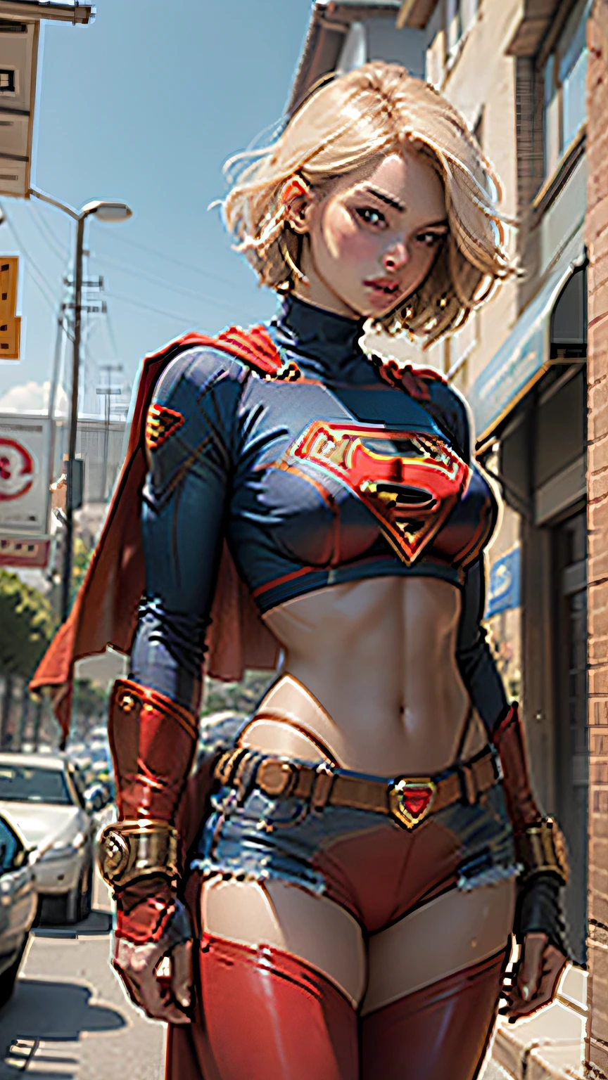 Beautiful woman short hair defined body big breasts, wearing Supergirl cosplay