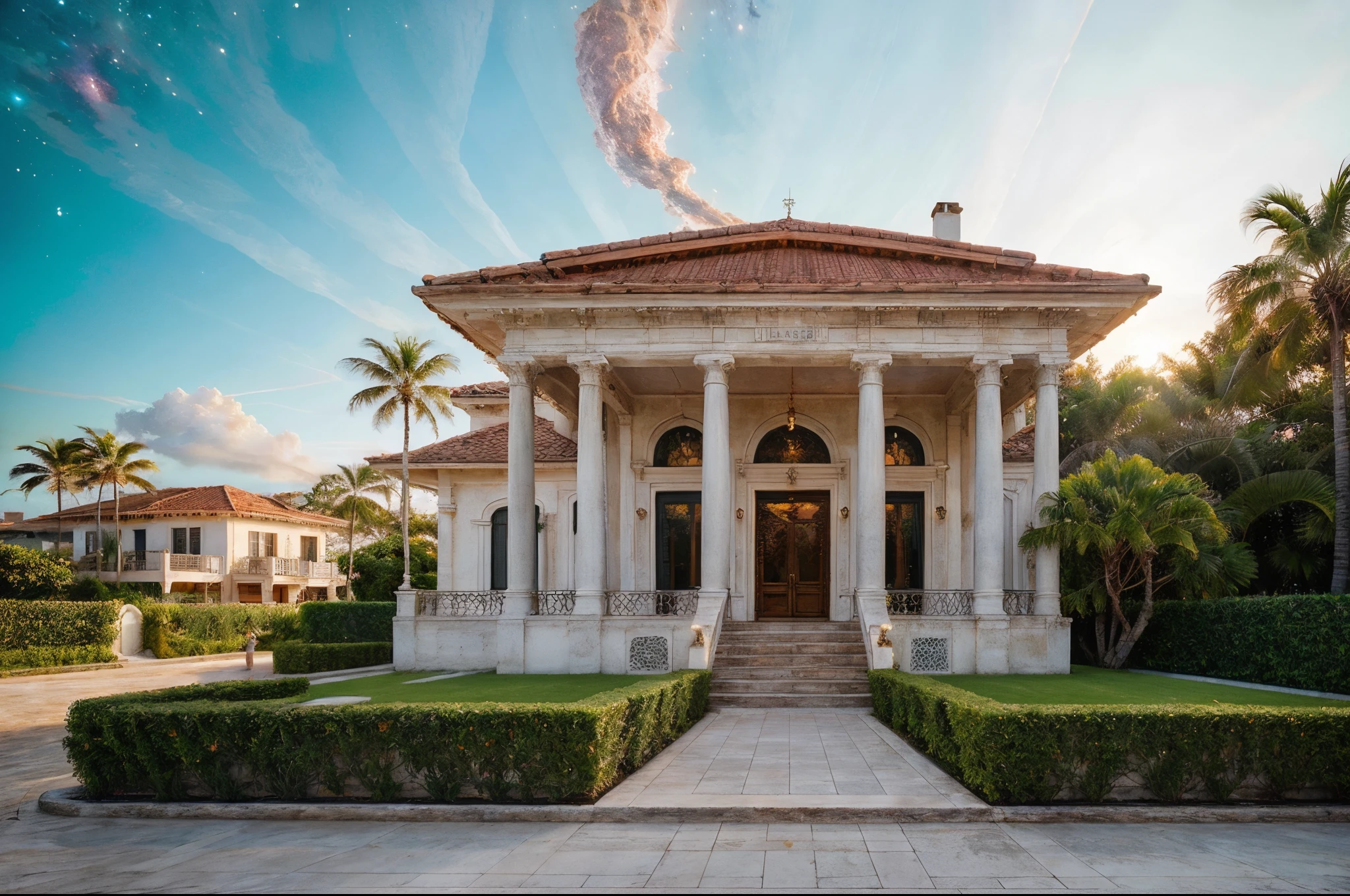 a beautiful mansion clad in copper, a large Glass roof, with roman columns, white marble, beautiful landscaped gardens with tropical plants, ocean front of a beautiful tropical beach, ((evening sky with a nebula)), Golden light, ( perfect peeling surf), palm trees, ((masterpiece:1.2) (photorealistic:1.4)