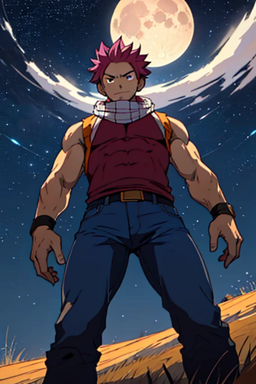Draw a full-fledged character，muscular Standing on the steppe at night，He was wearing a jeans pant，The man looks confident and determined，looking-down，Crew cut，full bodyesbian，Stars dot the sky，shooting from below，Big moon highlights background, Natsu Dragneel