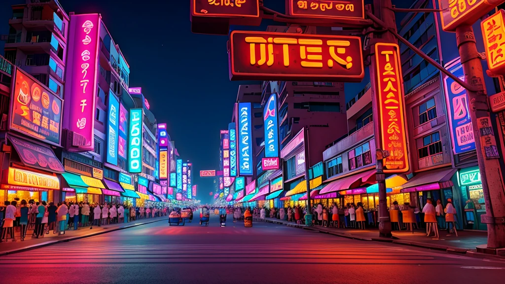 Thailand, Nightlife, Colorful streets, neon signboard, stylish night club, Eye-Level Shot, UHD, masterpiece, best quality, from below, close-up, temple