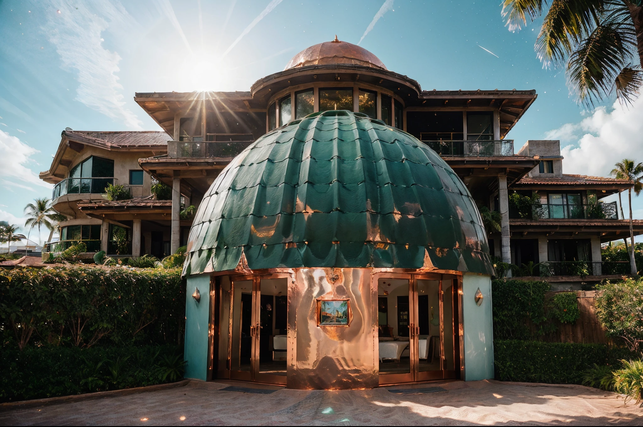 a beautiful mansion clad in copper, a large dome roof, with roman columns, emerald green marble, beautiful landscaped gardens with tropical plants, ocean front of a beautiful tropical beach, ((evening sky with a nebula and stars background)), Golden light, (with perfect peeling surf), palm trees, (((modern architecture mansion made from copper with a dome roof))), (masterpiece:1.2) (photorealistic:1.4)
